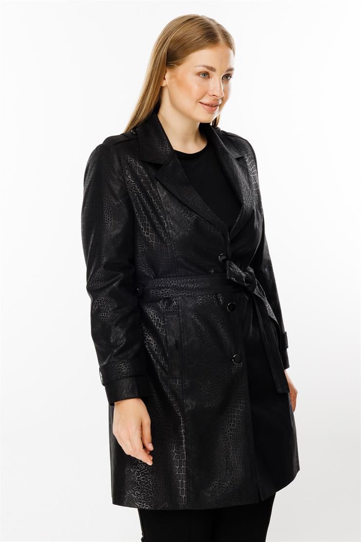 Modailgi  Mono Yaka Krokodil Desen Trenç Siyah