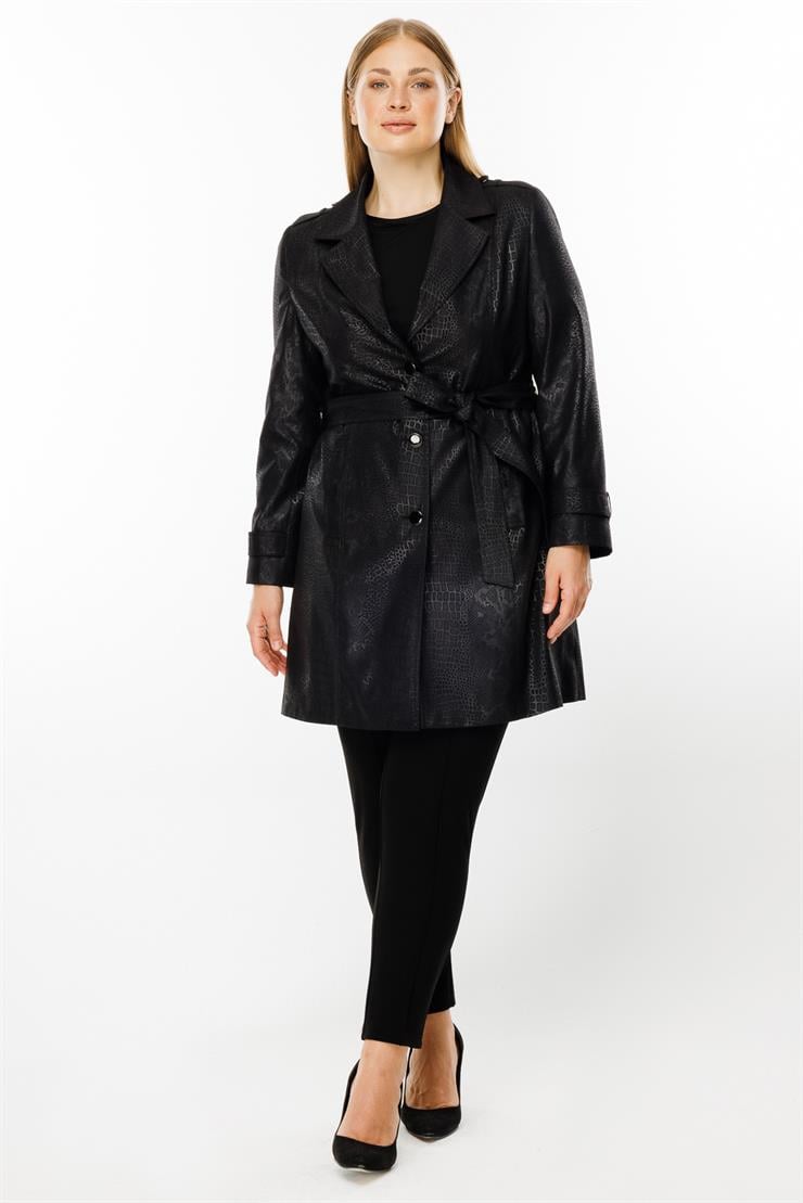 Modailgi  Mono Yaka Krokodil Desen Trenç Siyah