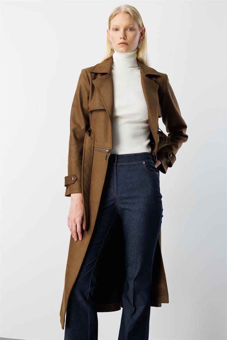 Modailgi  Mono Yaka Kuşaklı Koları Apoletli Belde Açılır Kapanır Çift Taraflı Fermuar Detaylı Astarsız Trençkot Haki