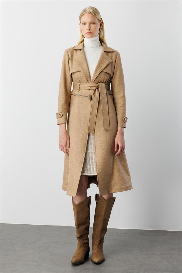 Modailgi  Mono Yaka Kuşaklı Koları Apoletli Belde Açılır Kapanır Çift Taraflı Fermuar Detaylı Astarsız Trençkot Vizon