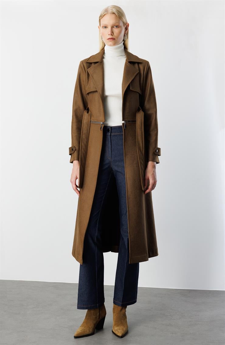 Modailgi  Mono Yaka Kuşaklı Koları Apoletli Belde Açılır Kapanır Çift Taraflı Fermuar Detaylı Astarsız Trençkot Haki