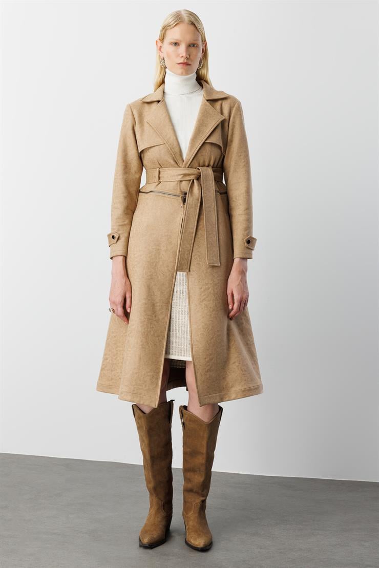 Modailgi  Mono Yaka Kuşaklı Koları Apoletli Belde Açılır Kapanır Çift Taraflı Fermuar Detaylı Astarsız Trençkot Vizon