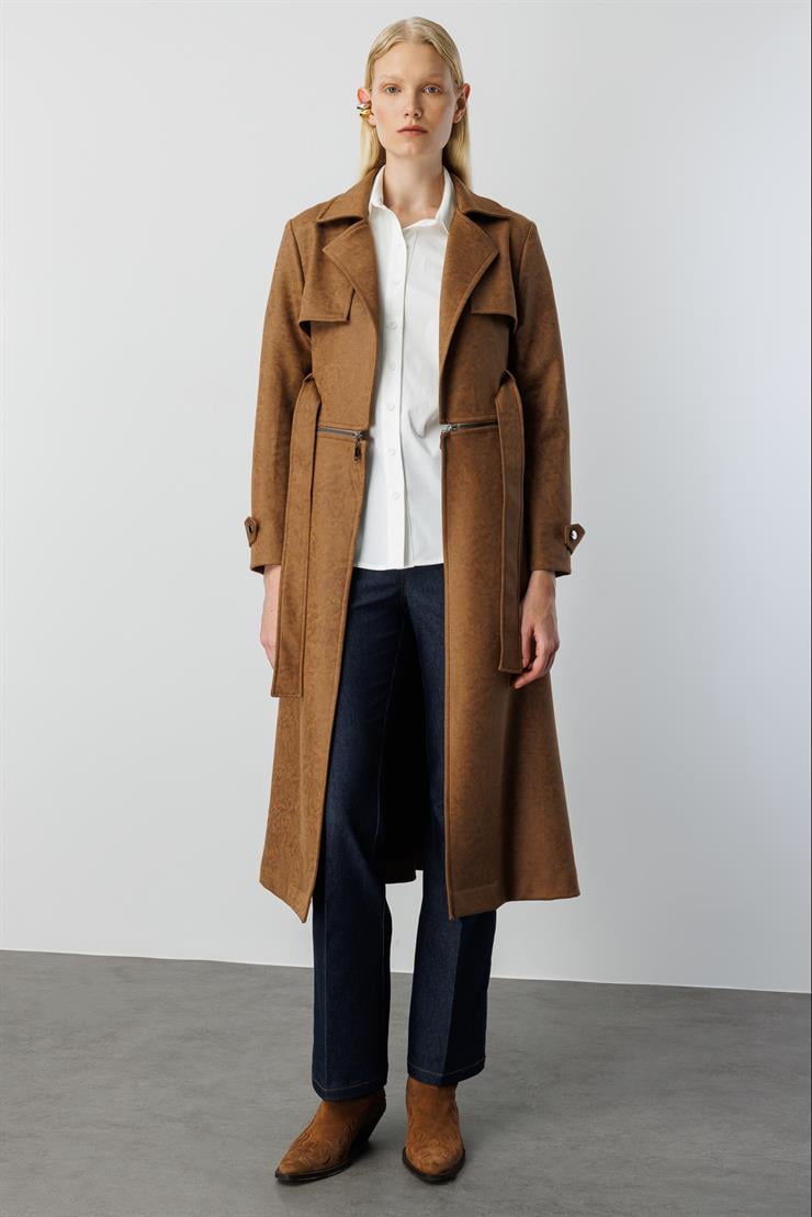 Modailgi  Mono Yaka Kuşaklı Koları Apoletli Belde Açılır Kapanır Çift Taraflı Fermuar Detaylı Astarsız Trençkot Taba