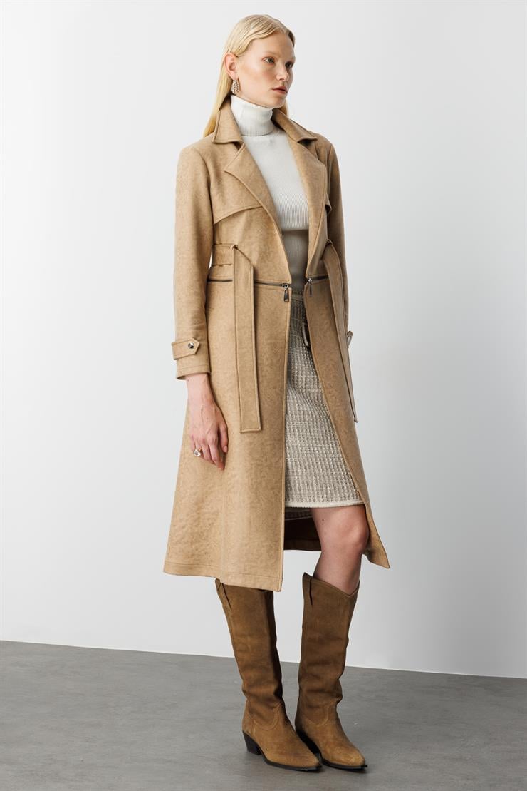 Modailgi  Mono Yaka Kuşaklı Koları Apoletli Belde Açılır Kapanır Çift Taraflı Fermuar Detaylı Astarsız Trençkot Vizon