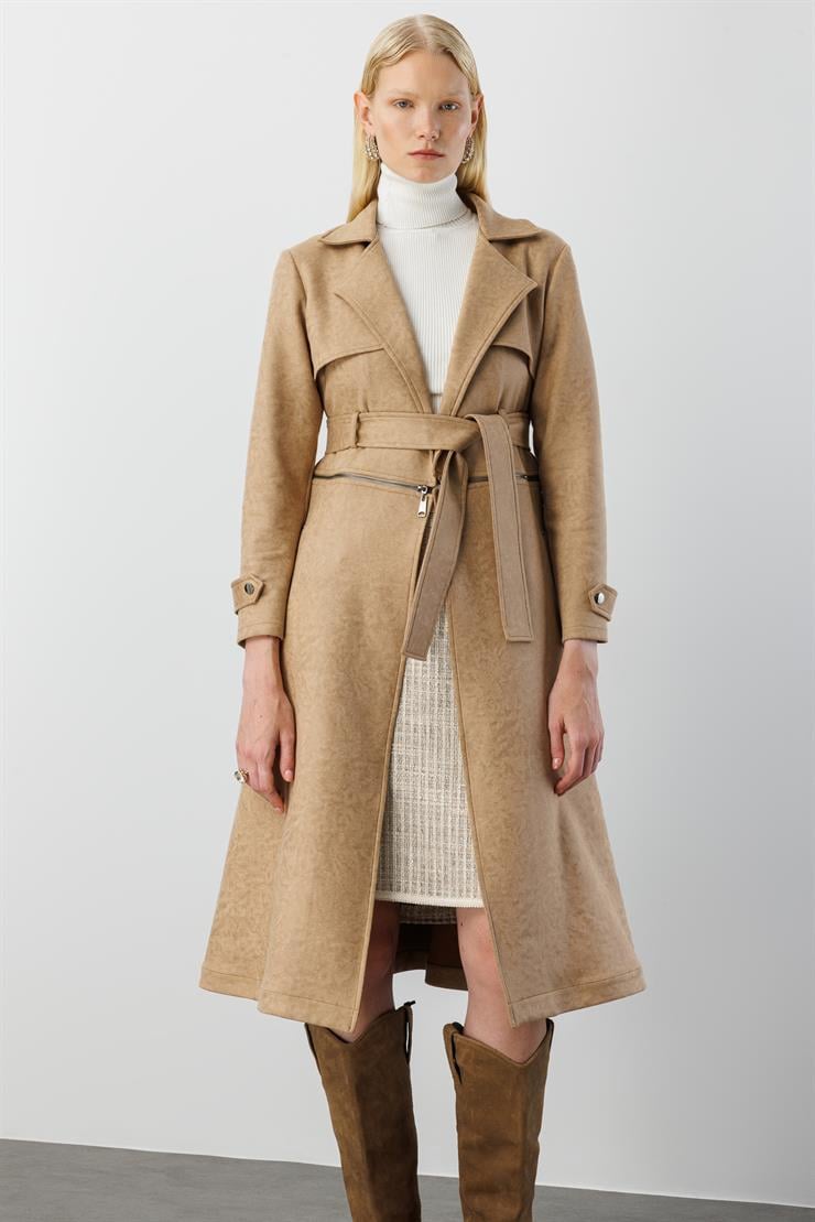 Modailgi  Mono Yaka Kuşaklı Koları Apoletli Belde Açılır Kapanır Çift Taraflı Fermuar Detaylı Astarsız Trençkot Vizon