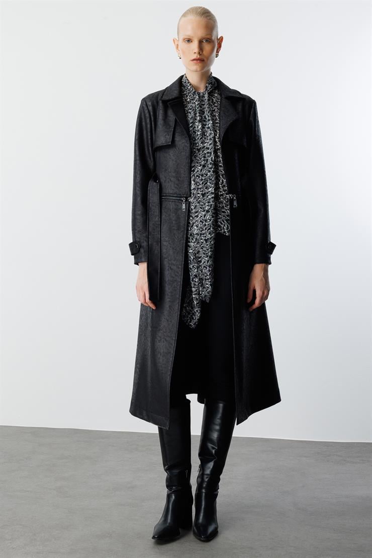 Modailgi  Mono Yaka Kuşaklı Koları Apoletli Belde Açılır Kapanır Çift Taraflı Fermuar Detaylı Astarsız Trençkot Siyah