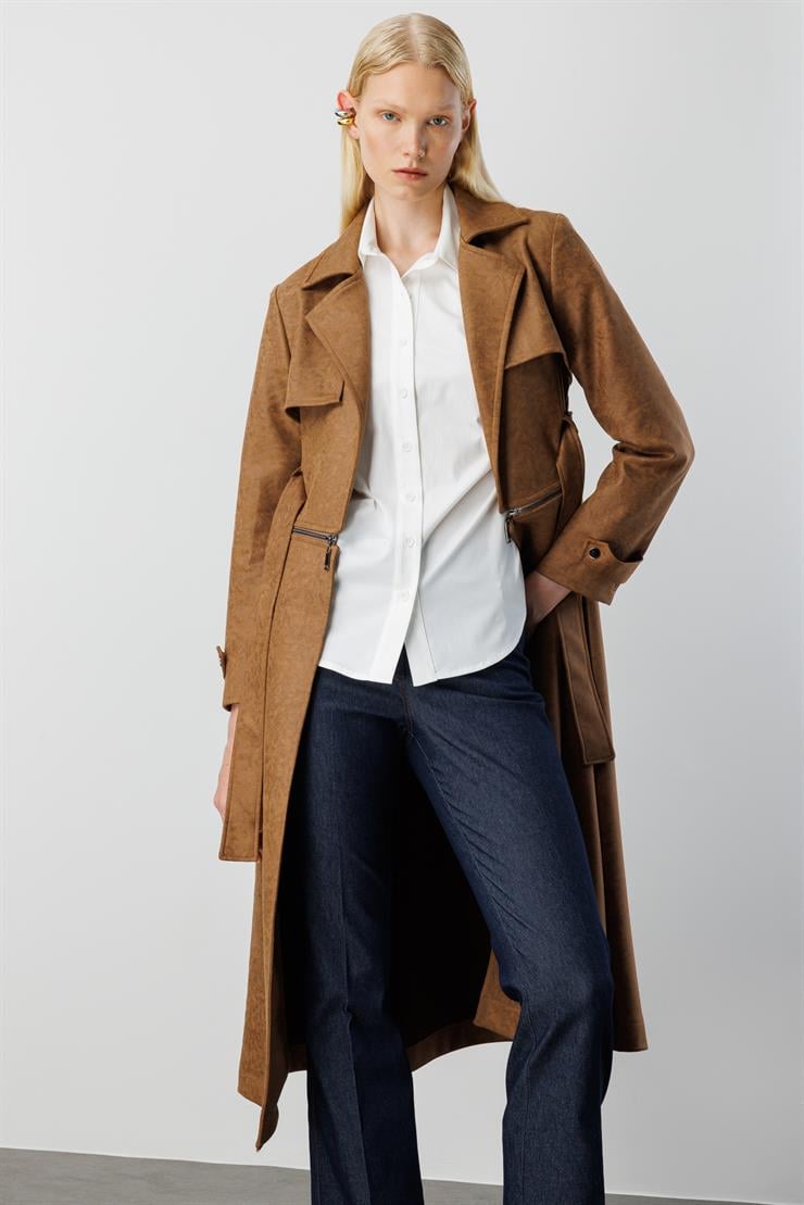 Modailgi  Mono Yaka Kuşaklı Koları Apoletli Belde Açılır Kapanır Çift Taraflı Fermuar Detaylı Astarsız Trençkot Taba