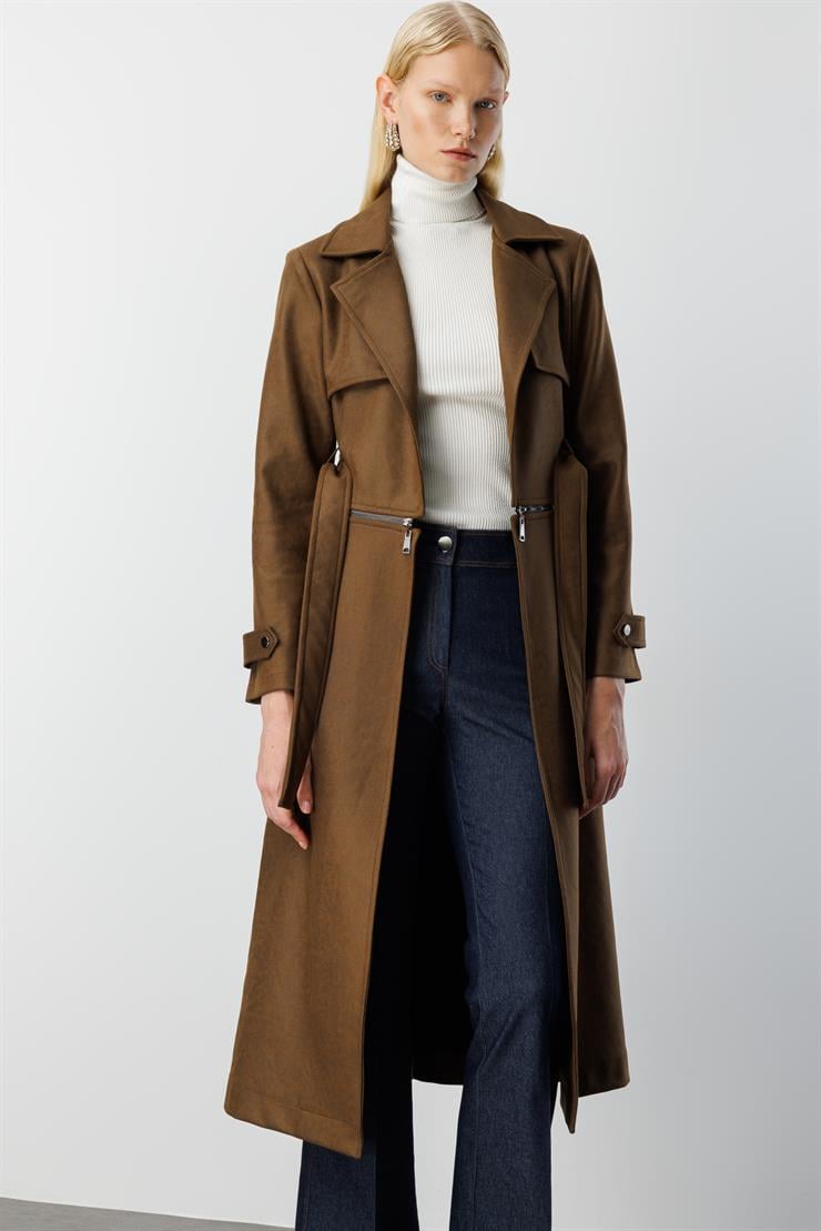 Modailgi  Mono Yaka Kuşaklı Koları Apoletli Belde Açılır Kapanır Çift Taraflı Fermuar Detaylı Astarsız Trençkot Haki