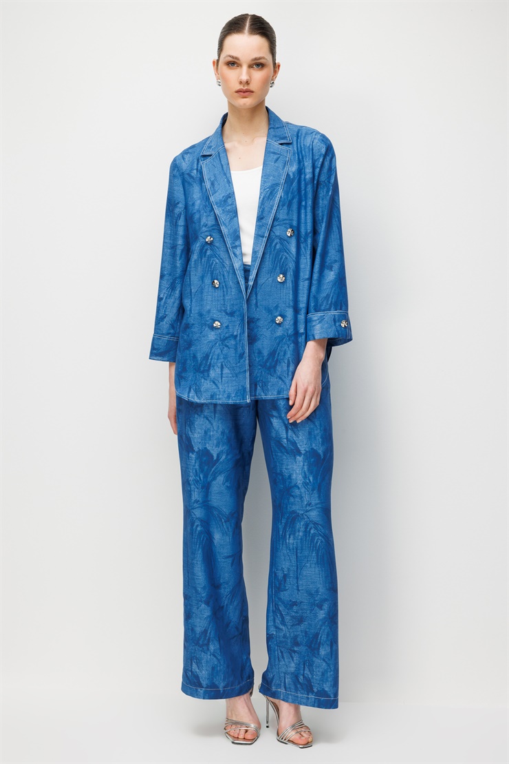 Modailgi  Mono Yaka Oversize Desenli Astarsız Tunik İndigo