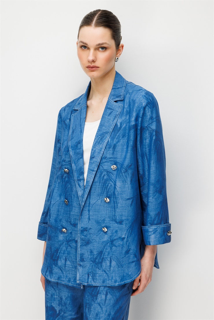 Modailgi  Mono Yaka Oversize Desenli Astarsız Tunik İndigo