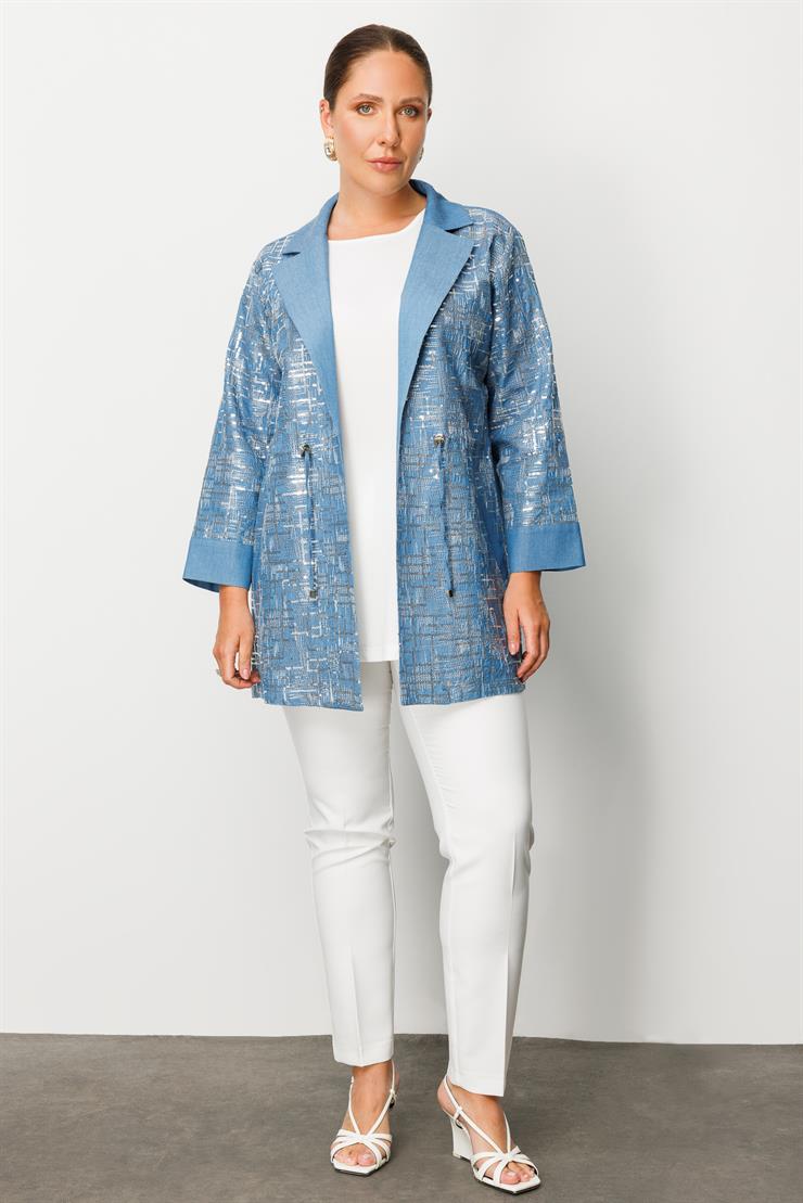 Modailgi  Mono Yaka Pullu Beli Büzgülü İkili Tencel Takım İndigo