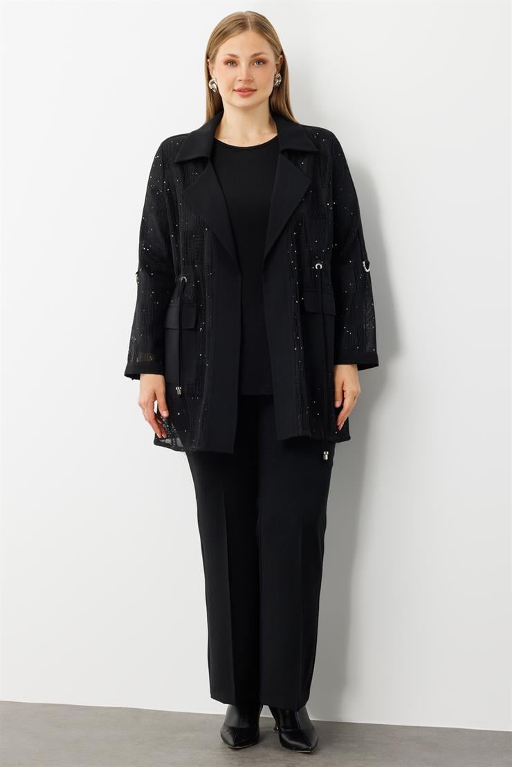 Modailgi  Mono Yaka Pullu File Beli Büzgülü İkili Takım Siyah