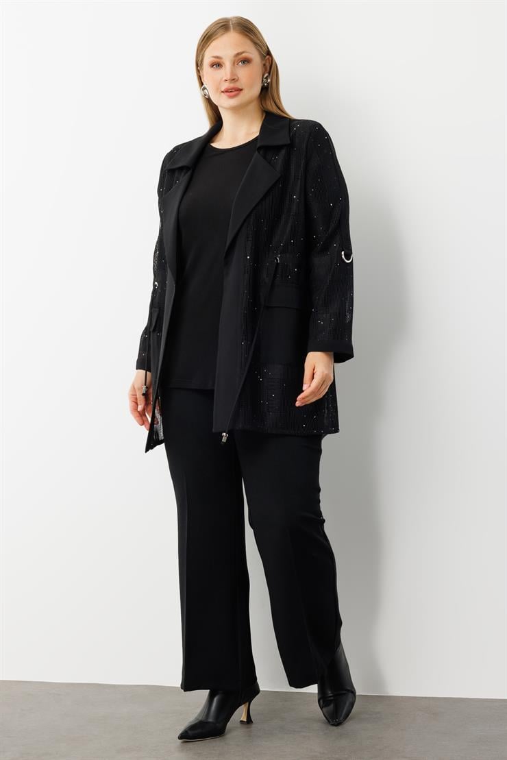 Modailgi  Mono Yaka Pullu File Beli Büzgülü İkili Takım Siyah