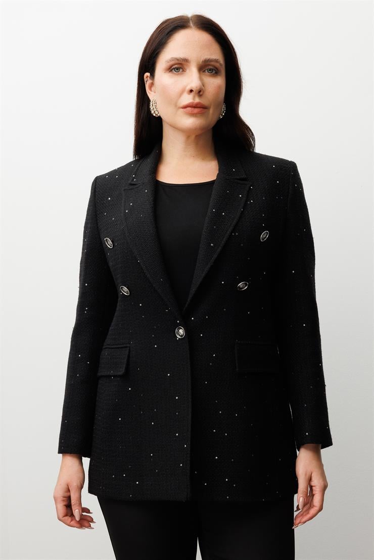 Modailgi  Mono Yaka Pullu Tüvit Kumaş Ceket Siyah