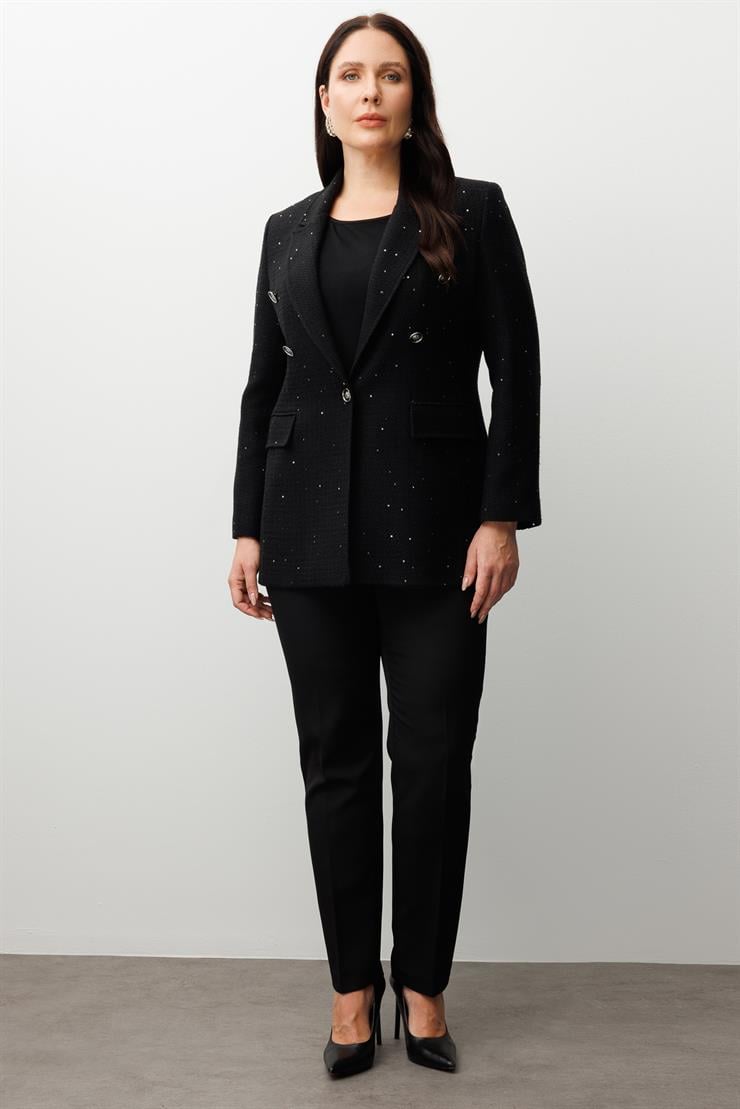 Modailgi  Mono Yaka Pullu Tüvit Kumaş Ceket Siyah