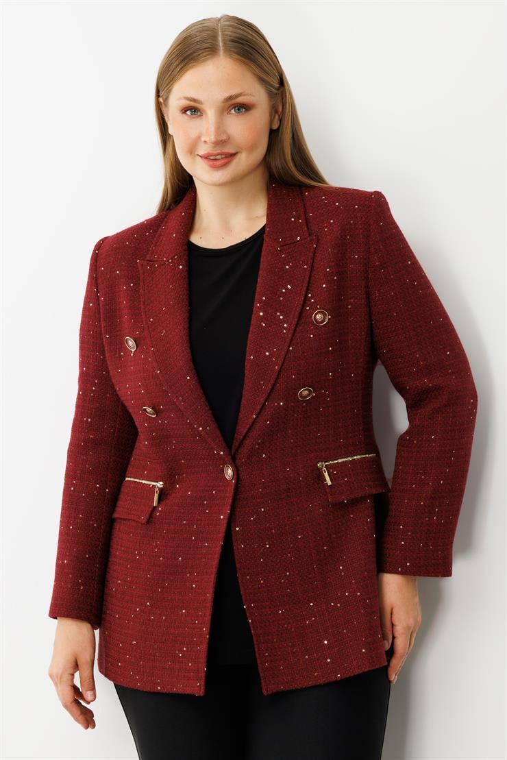 Modailgi  Mono Yaka Pullu Tüvit Kumaş Ceket Bordo