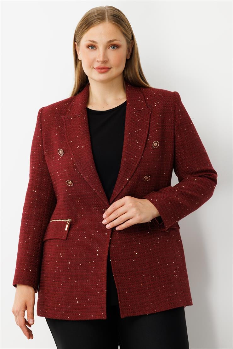 Modailgi  Mono Yaka Pullu Tüvit Kumaş Ceket Bordo