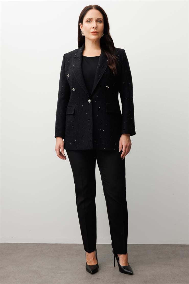 Modailgi  Mono Yaka Pullu Tüvit Kumaş Ceket Siyah