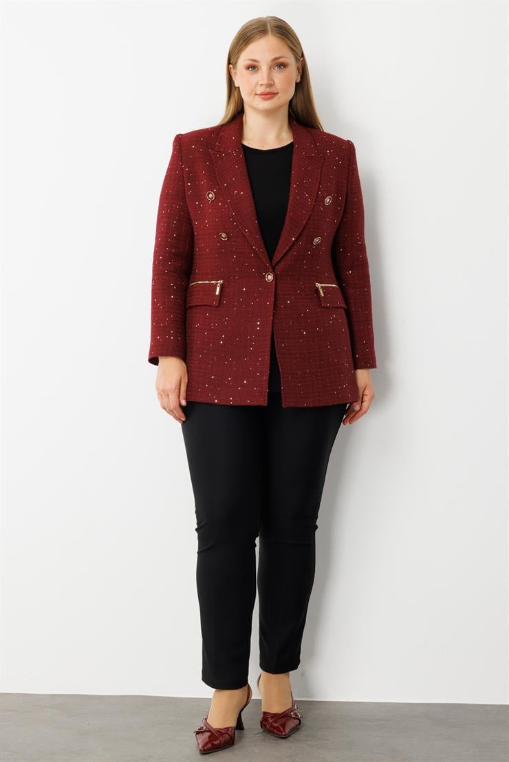 Modailgi  Mono Yaka Pullu Tüvit Kumaş Ceket Bordo