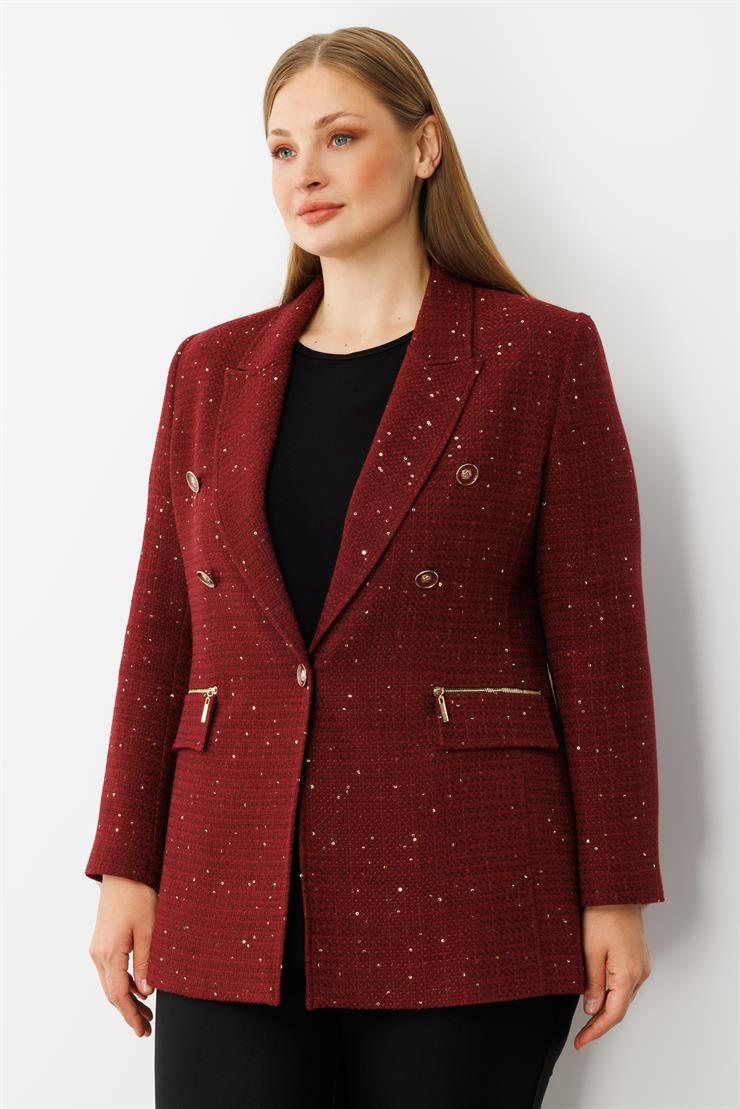 Modailgi  Mono Yaka Pullu Tüvit Kumaş Ceket Bordo