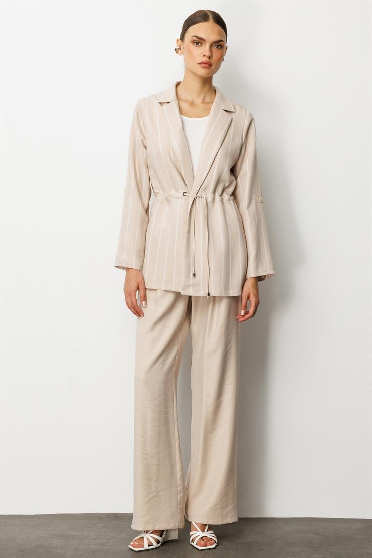 Modailgi  Mono Yaka Safari Kol Beli Tünel Bağcıklı İçi Bluzlu İkili Tunik Taş