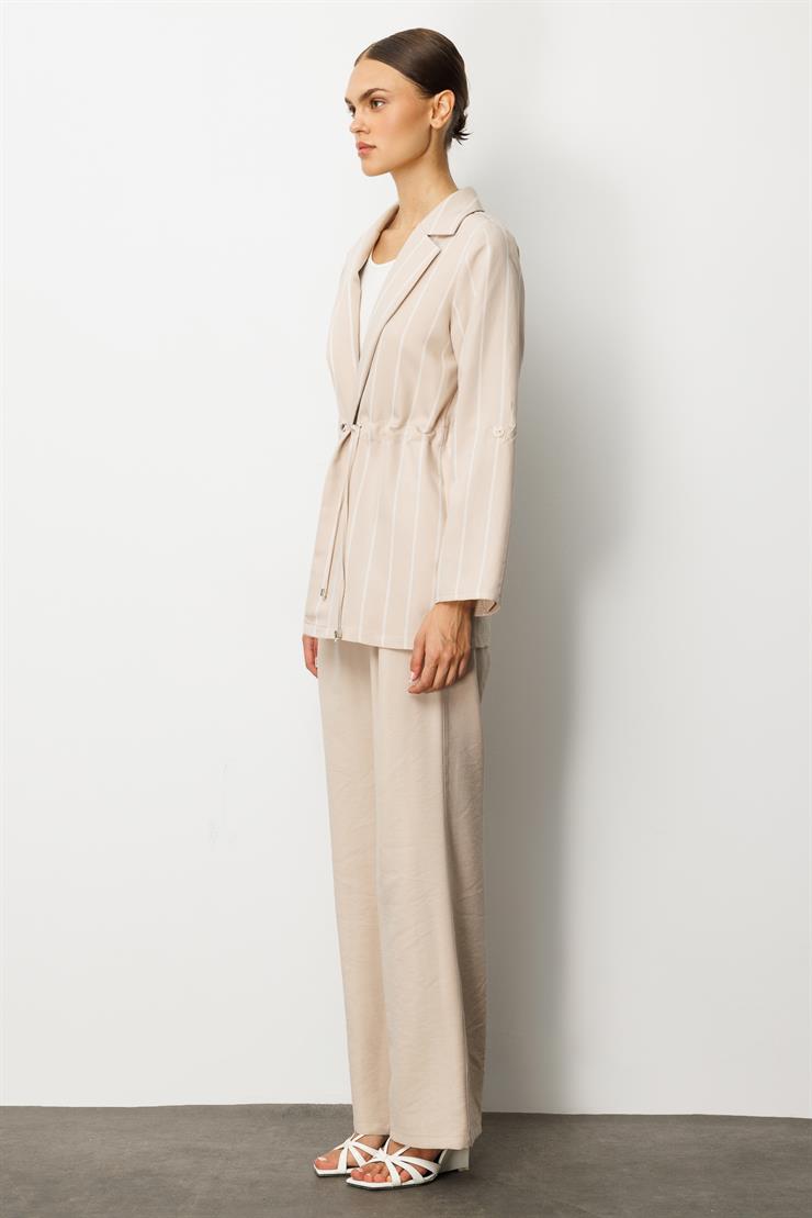 Modailgi  Mono Yaka Safari Kol Beli Tünel Bağcıklı İçi Bluzlu İkili Tunik Taş