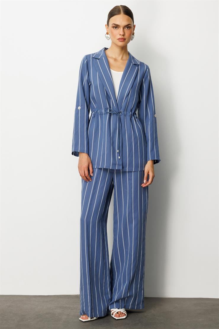 Modailgi  Mono Yaka Safari Kol Beli Tünel Bağcıklı İçi Bluzlu İkili Tunik İndigo