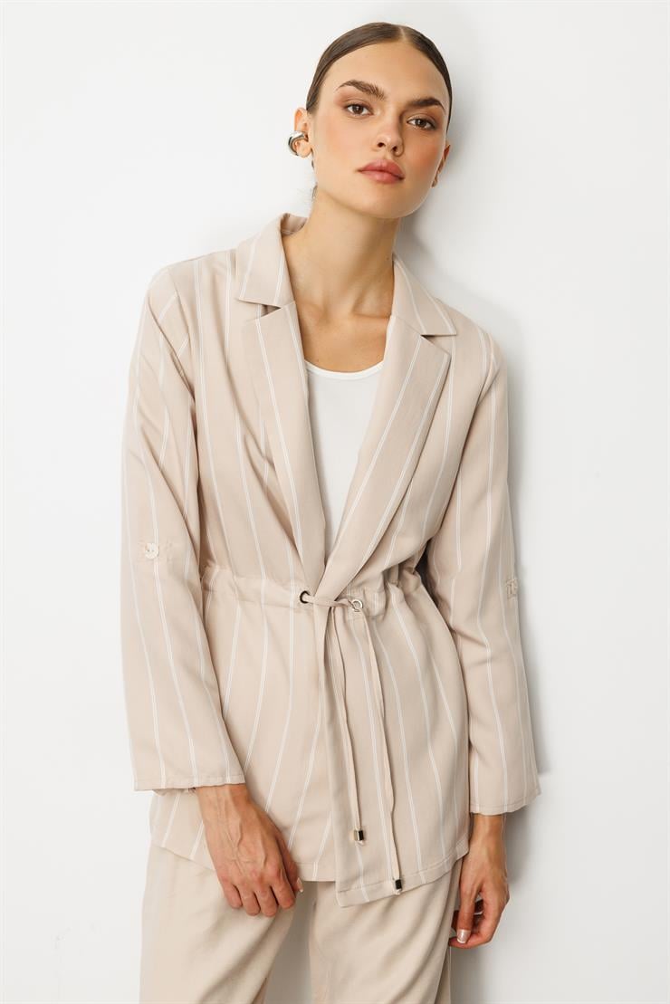 Modailgi  Mono Yaka Safari Kol Beli Tünel Bağcıklı İçi Bluzlu İkili Tunik Taş