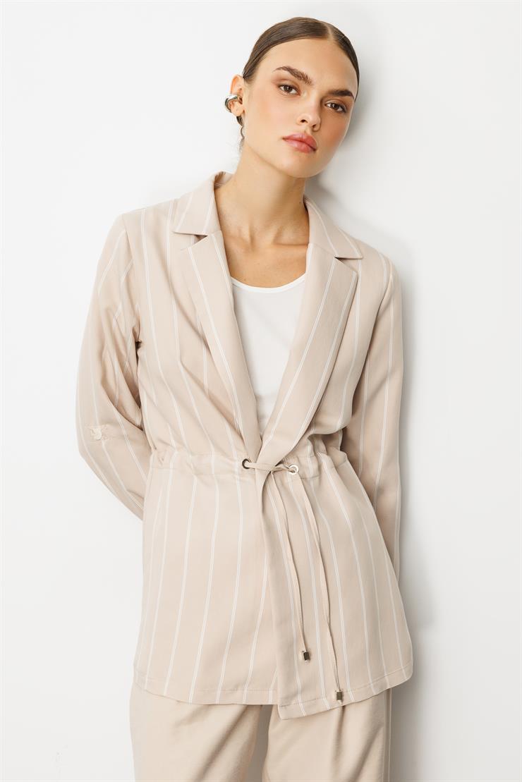 Modailgi  Mono Yaka Safari Kol Beli Tünel Bağcıklı İçi Bluzlu İkili Tunik Taş