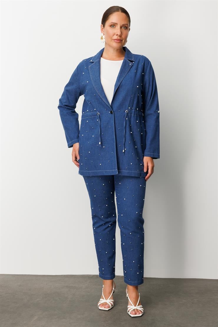 Modailgi  Mono Yaka Tek Düğme Önü İnci İşleme Beli Tünel Bağcık Detaylı İkili Tunik İndigo