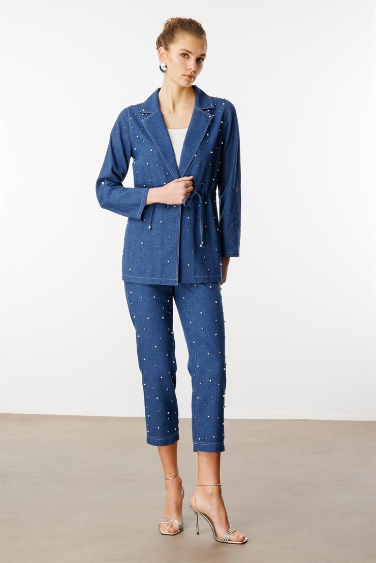 Modailgi  Mono Yaka Tek Düğme Önü İnci İşleme Beli Tünel Bağcık Detaylı İkili Tunik Mavi