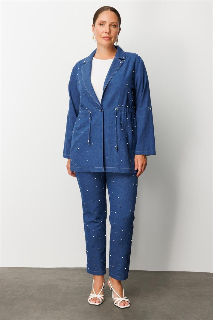 Modailgi  Mono Yaka Tek Düğme Önü İnci İşleme Beli Tünel Bağcık Detaylı İkili Tunik İndigo