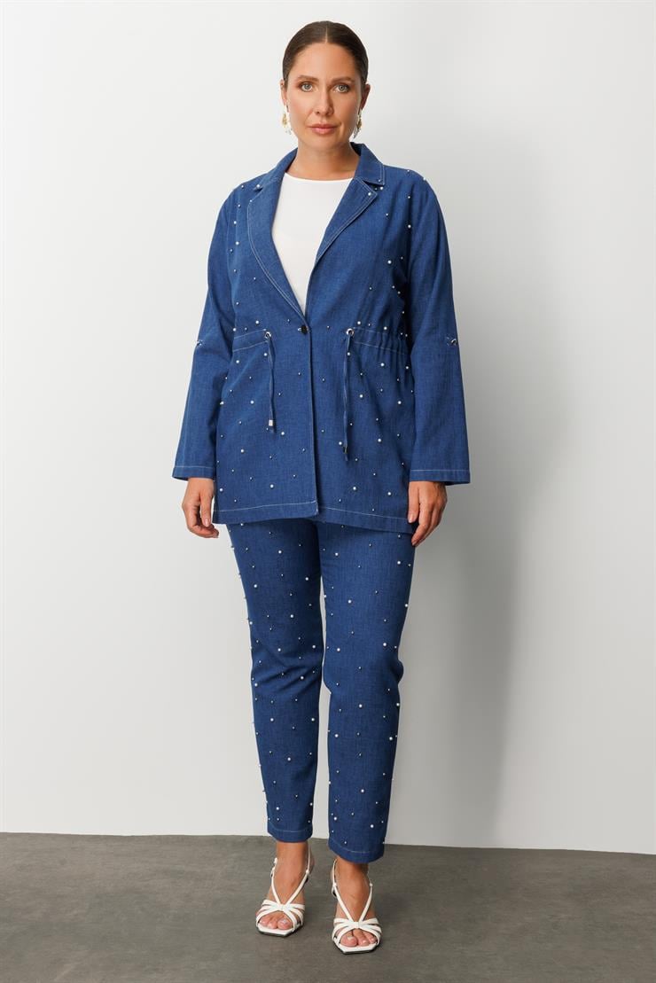 Modailgi  Mono Yaka Tek Düğme Önü İnci İşleme Beli Tünel Bağcık Detaylı İkili Tunik İndigo