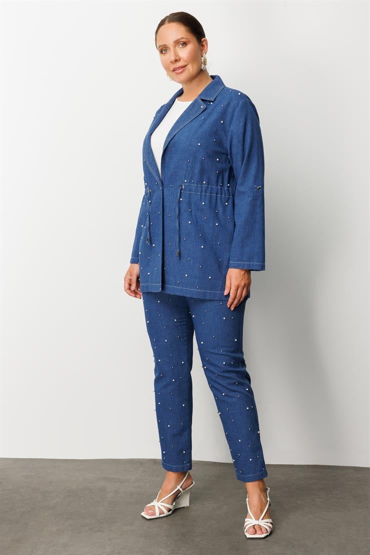 Modailgi  Mono Yaka Tek Düğme Önü İnci İşleme Beli Tünel Bağcık Detaylı İkili Tunik İndigo