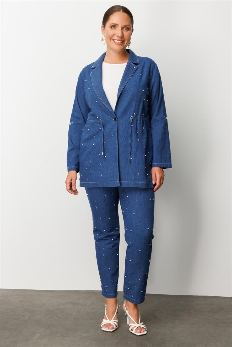 Modailgi  Mono Yaka Tek Düğme Önü İnci İşleme Beli Tünel Bağcık Detaylı İkili Tunik İndigo