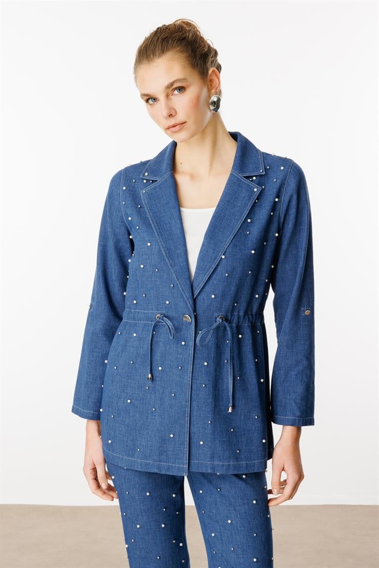 Modailgi  Mono Yaka Tek Düğme Önü İnci İşleme Beli Tünel Bağcık Detaylı İkili Tunik Mavi