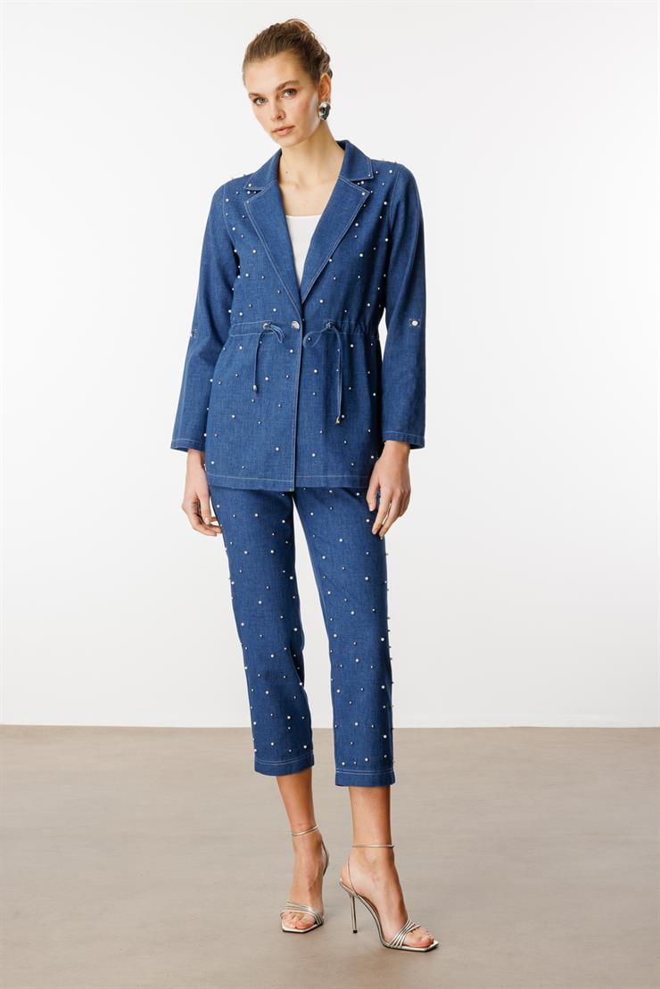 Modailgi  Mono Yaka Tek Düğme Önü İnci İşleme Beli Tünel Bağcık Detaylı İkili Tunik Mavi