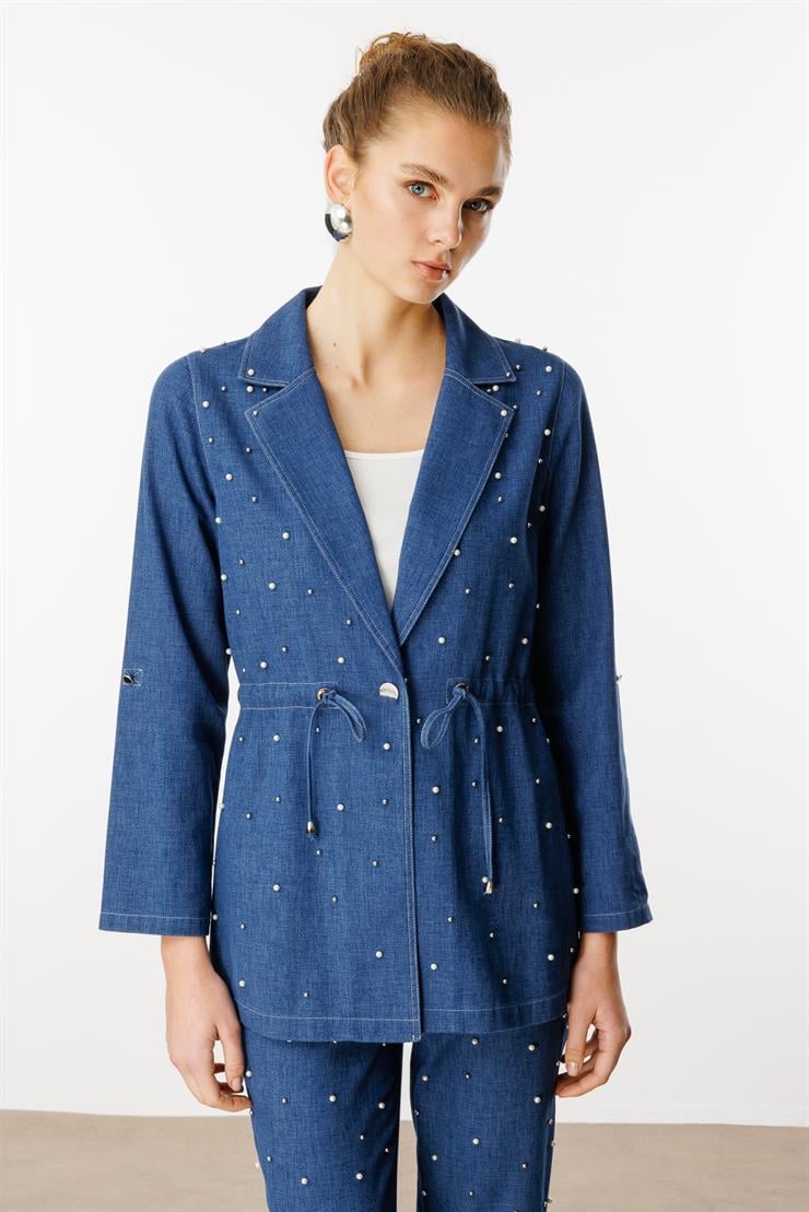 Modailgi  Mono Yaka Tek Düğme Önü İnci İşleme Beli Tünel Bağcık Detaylı İkili Tunik Mavi