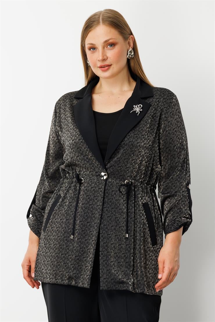 Modailgi  Mono Yaka Yakası Broşlu Beli Büzgülü İkili Takım Siyah