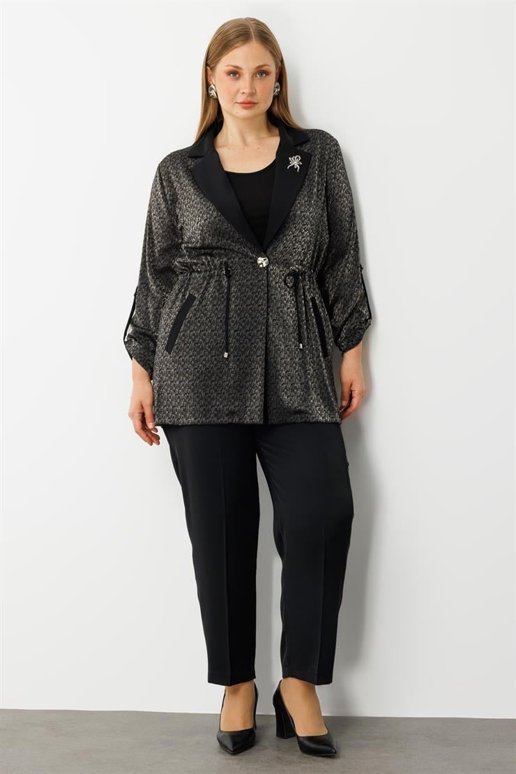 Modailgi  Mono Yaka Yakası Broşlu Beli Büzgülü İkili Takım Siyah