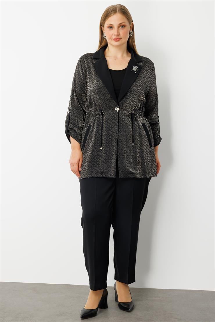 Modailgi  Mono Yaka Yakası Broşlu Beli Büzgülü İkili Takım Siyah