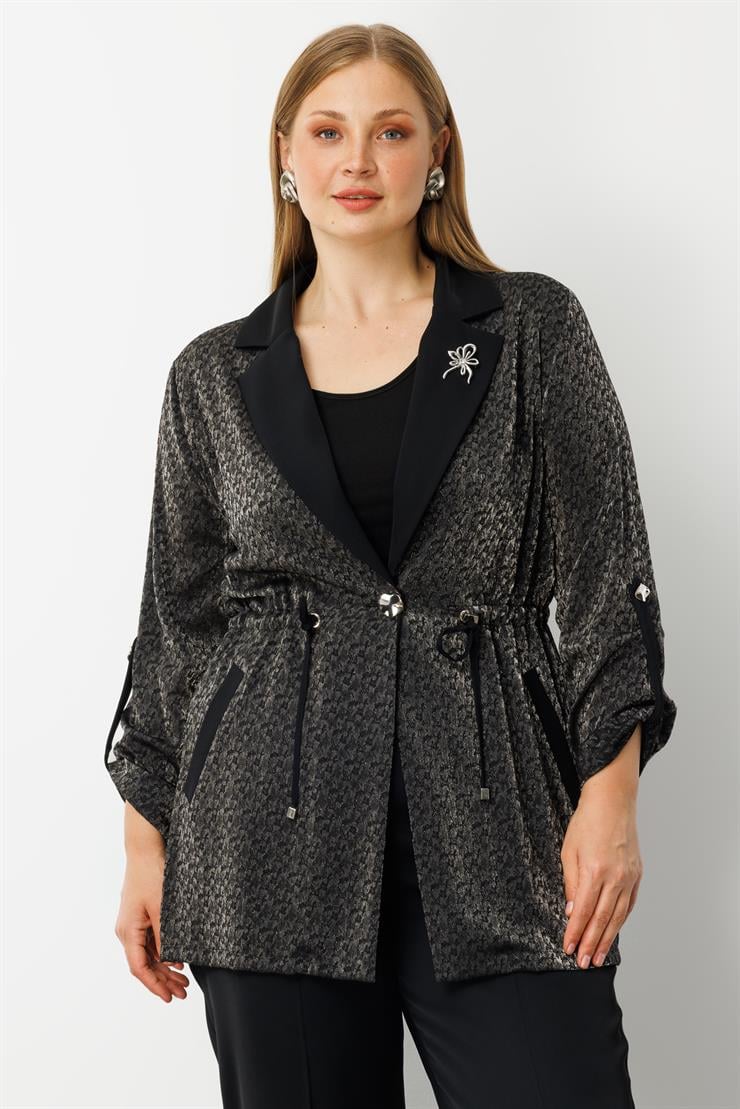 Modailgi  Mono Yaka Yakası Broşlu Beli Büzgülü İkili Takım Siyah