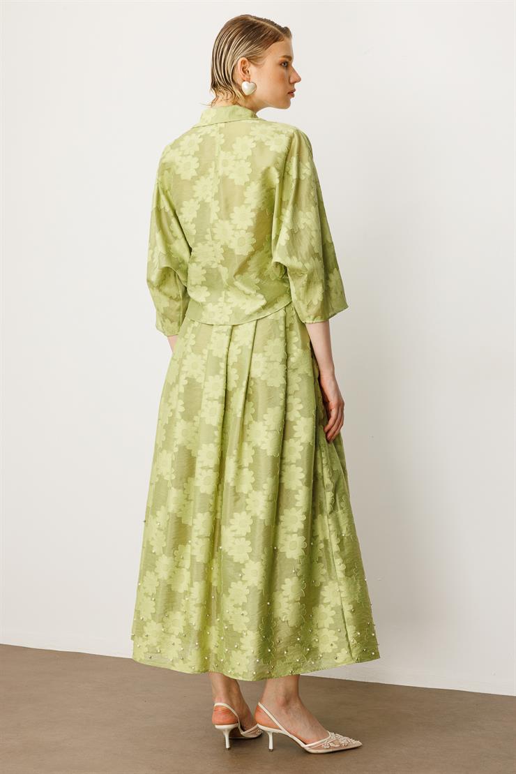 Modailgi  Mono Yaka Yarasa Kol Önden Bağlamalı İnci Detaylı Gömlek Yeşil