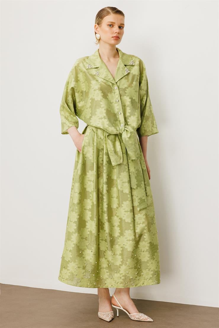 Modailgi  Mono Yaka Yarasa Kol Önden Bağlamalı İnci Detaylı Gömlek Yeşil