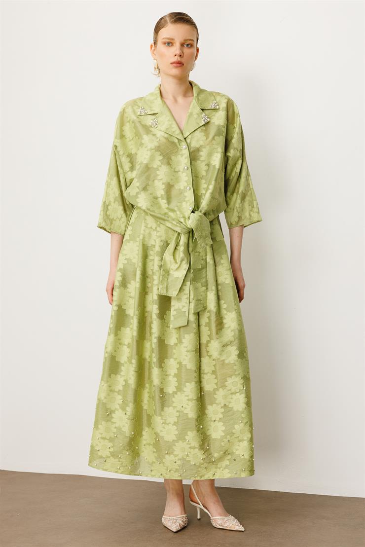 Modailgi  Mono Yaka Yarasa Kol Önden Bağlamalı İnci Detaylı Gömlek Yeşil