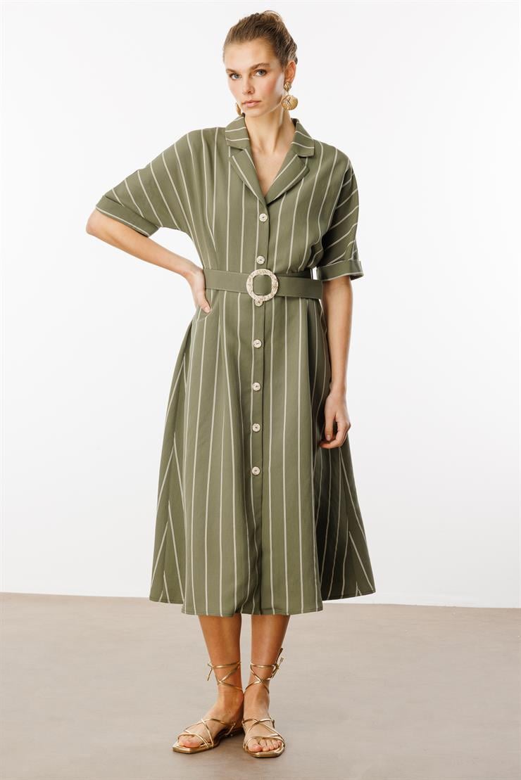 Modailgi  Mono Yaka Yarasa ve Duble Kol Yandan Cepli Kemer Detaylı Midi Boy Elbise Haki