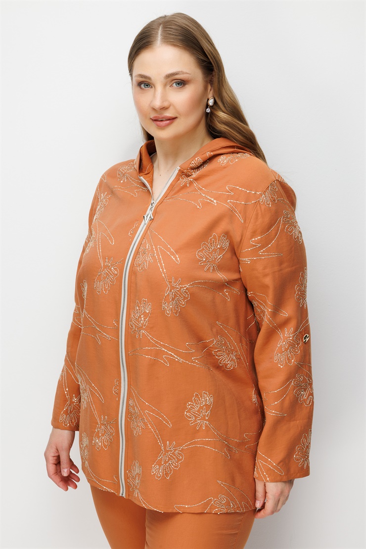 Modailgi  Nakış Detaylı Kapüşonlu Fermuar Kapamalı Tunik Tarçın