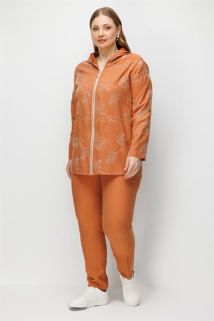 Modailgi  Nakış Detaylı Kapüşonlu Fermuar Kapamalı Tunik Tarçın