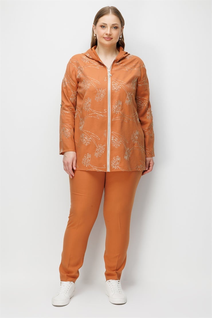 Modailgi  Nakış Detaylı Kapüşonlu Fermuar Kapamalı Tunik Tarçın