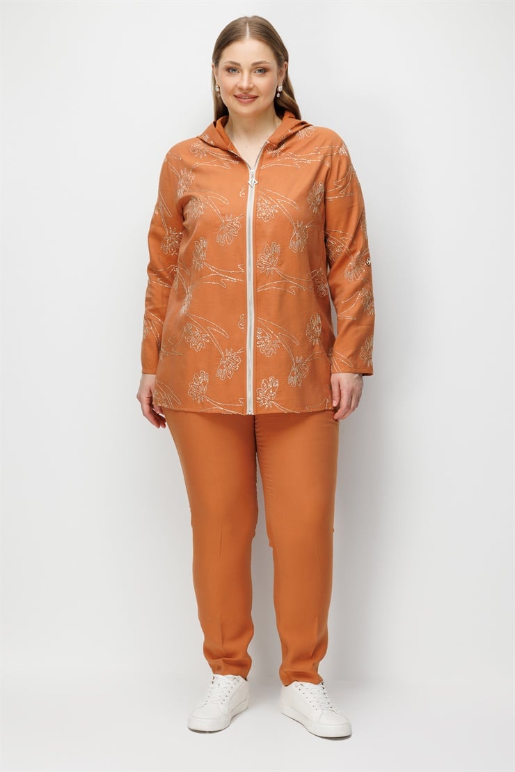 Modailgi  Nakış Detaylı Kapüşonlu Fermuar Kapamalı Tunik Tarçın